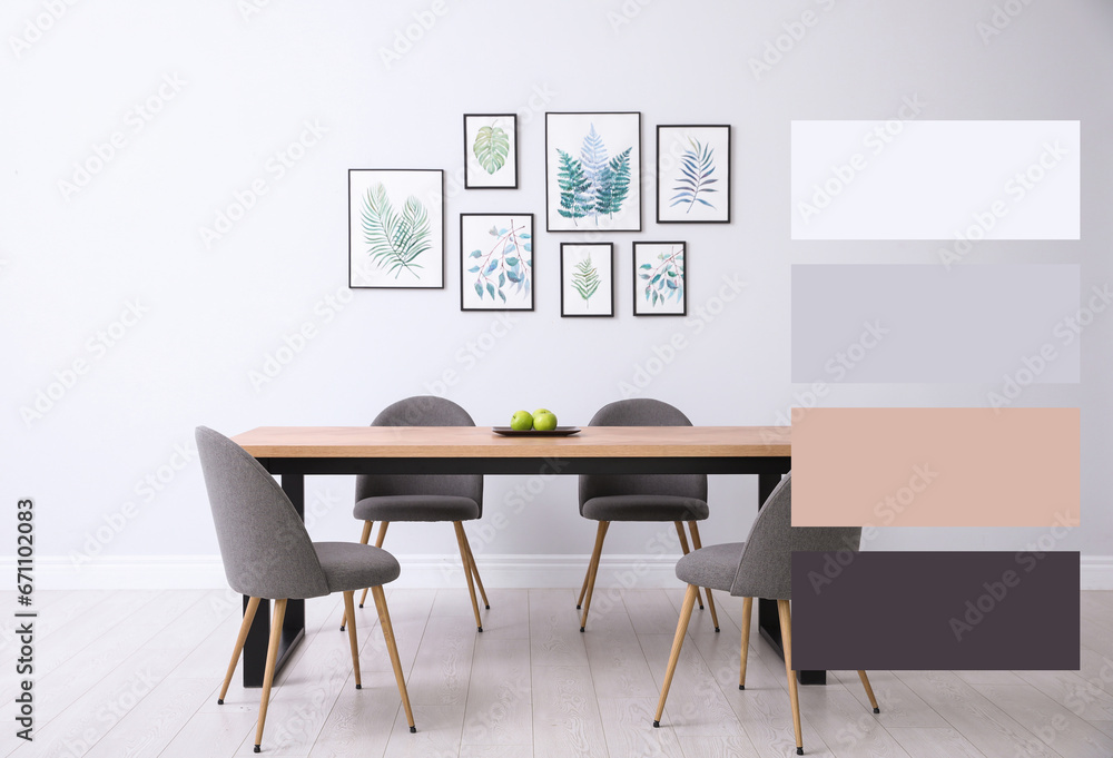 Fototapeta premium Stylish dining room with furniture. Color palette matching to this interior design