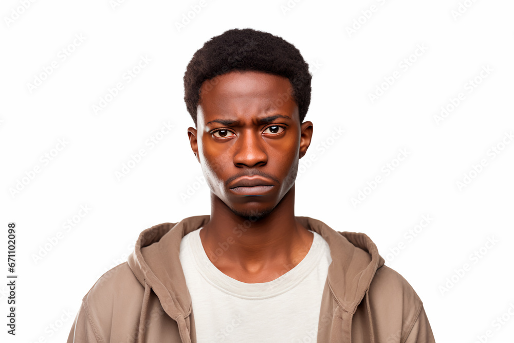 Upset and hopeless young man with African appearance on white isolated background Upset and hopeless young man with African appearance on white isolated background