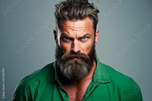 Brutal bearded man with stern and angry look with European appearance on white isolated background