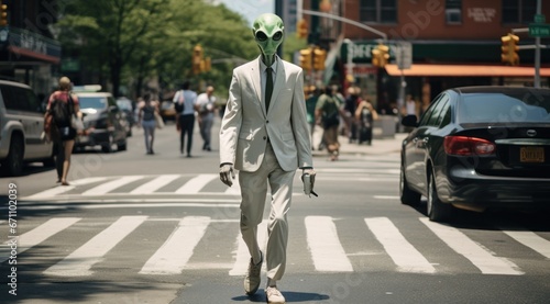 A sleekly dressed man traverses the bustling city streets, his polished shoes clicking against the pavement as a monstrous alien spacecraft hovers above, casting an otherworldly glow onto the crosswa
