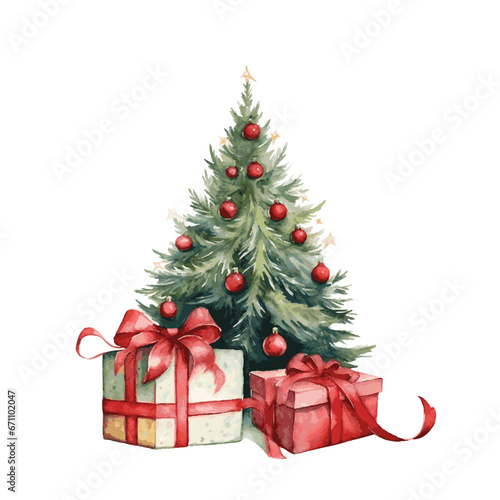 Christmas green tree with decor and gift boxes for decoration greeting card watercolor paint on white background