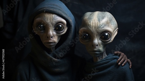 In the dark of the night, two extraterrestrial beings emerged from their ufo, adorned in black robes and resembling a monstrous blend of animal and monkey, sending shivers down the spine of all who w photo