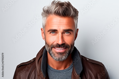 Brutal bearded man with pleasant look with European appearance on white isolated background.  © Uliana