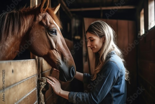 shot of an unrecognizable woman petting her horse in the stable © Sergey