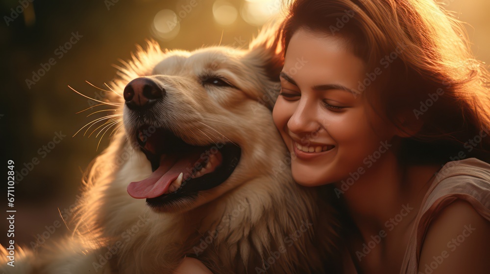 A gorgeous woman and her loyal canine companion, illuminated by the enchanting evening sunlight.