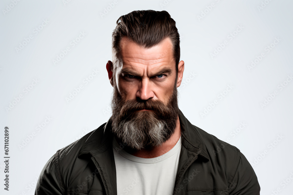 Obraz premium Brutal bearded man with stern and angry look with European appearance on white isolated background