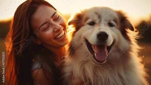 Happy woman with her adorable dog, surrounded by the mesmerizing, late afternoon sun's radiance.