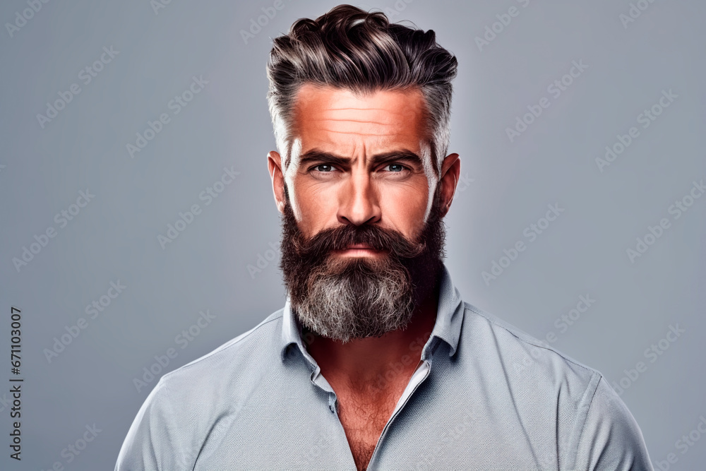 Brutal bearded man with stern and angry look with European appearance on white isolated background Brutal bearded man with stern and angry look with European appearance on white isolated background