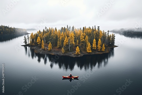 Captivating Aerial View. Tranquil Autumn Lake with Serene Rowing Activity in a Peaceful Single Boat.