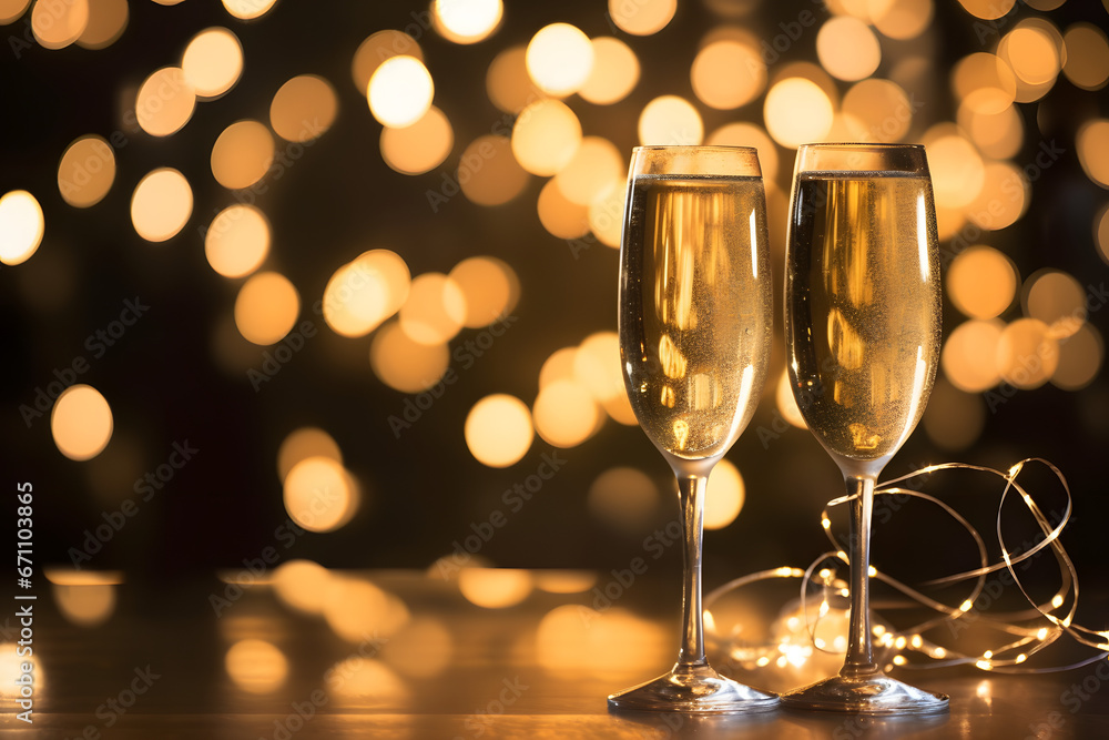 New Year toast champagne led lights, bokeh lights background New Year toast champagne led lights, bokeh lights background