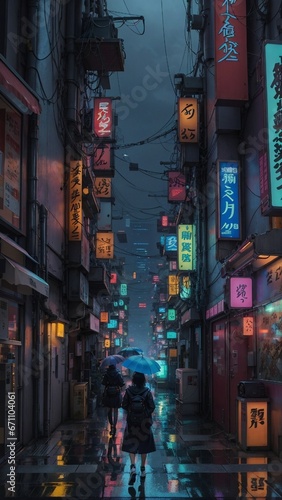 Neon City Alleyway at Night with Guy Walking - Mobile Wallpaper