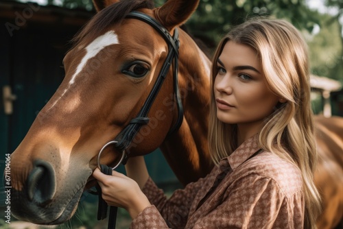 shot of a young woman petting a horse on its head