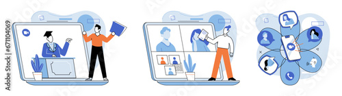 Online communication. Vector illustration. Online conventions provide platform for exchanging knowledge and expertise Access to information has been democratized through online communication channels