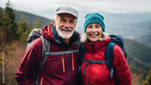retired happy couple with backpacks hiking in the mountains