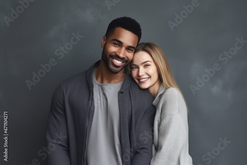 shot of a young couple standing together against a gray background