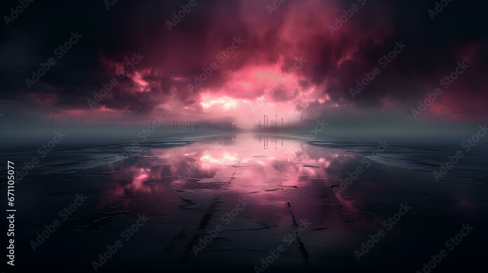 Naklejka premium Dark street with wet asphalt, reflection of rays in the water, Abstract pink background, fog smoke