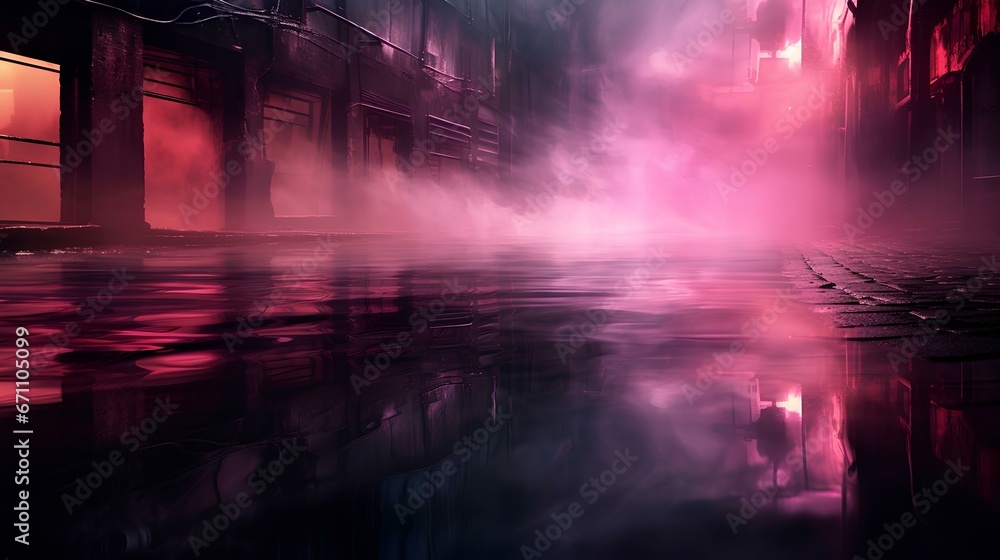 Dark street with wet asphalt, reflection of rays in the water, Abstract pink background, fog smoke