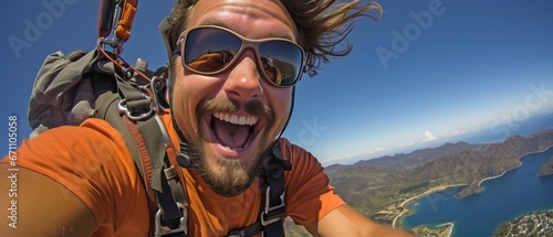 a picture of a tandem skydiver with the jump plane overhead in the backdrop and the brake chute open. moments following the plane's descent. A closer look at the diver's expression.