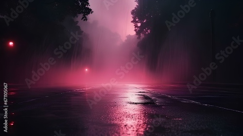 Dark street with wet asphalt, reflection of rays in the water, Abstract pink background, fog smoke