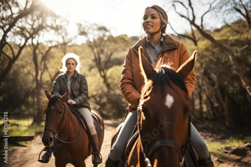 shot of two young women riding horses together at a ranch