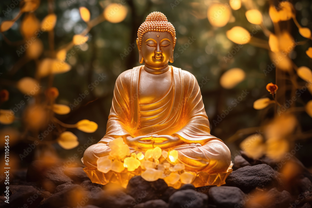 glowing crystal golden Buddha in zen garden