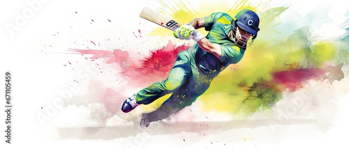Illustration of a Cricket player with colorful watercolor splash, isolated on white background . 