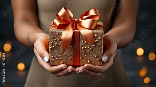 person carrying a gift box with a bow in close-up. Ideas for birthday, Christmas, Valentine's Day, Mother's Day, Father's Day, and other occasions gifts . © tongpatong