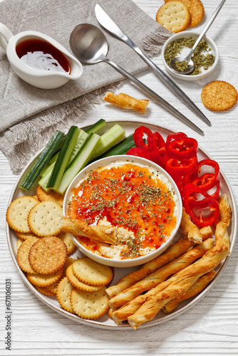 Hot Pepper Jelly Cheese Dip with crackers, veggies