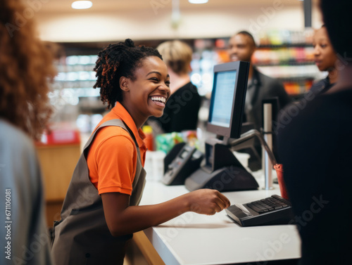 A happy supermarket cashier at work photo