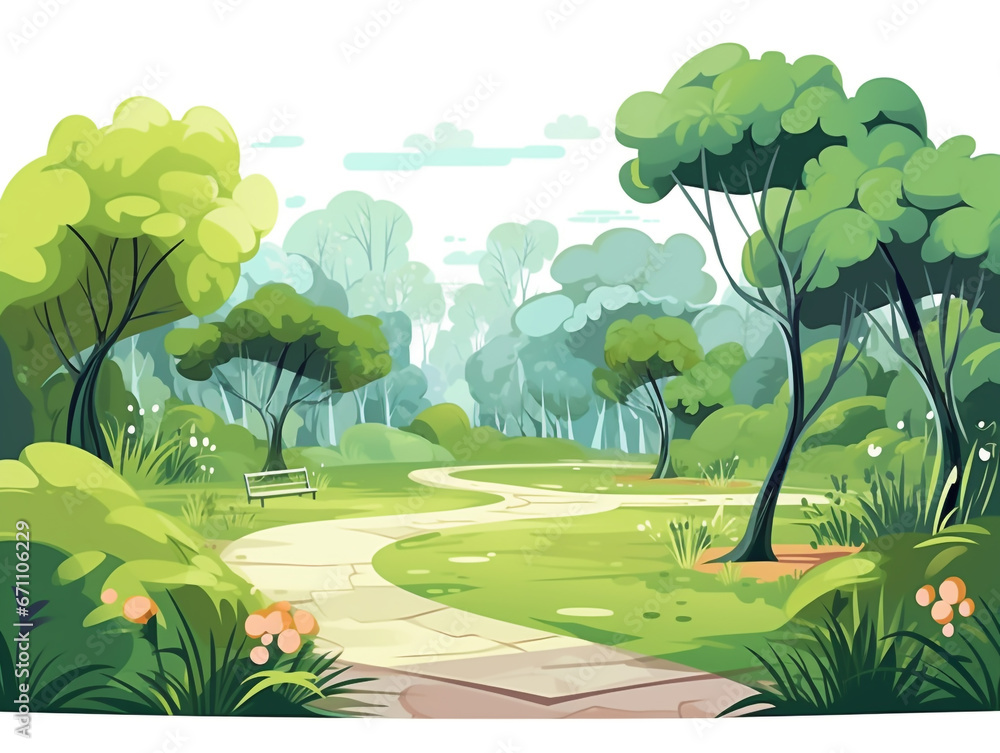 Cartoon style illustration of a beautiful public park equipped with public facilities. A calm and sunny day