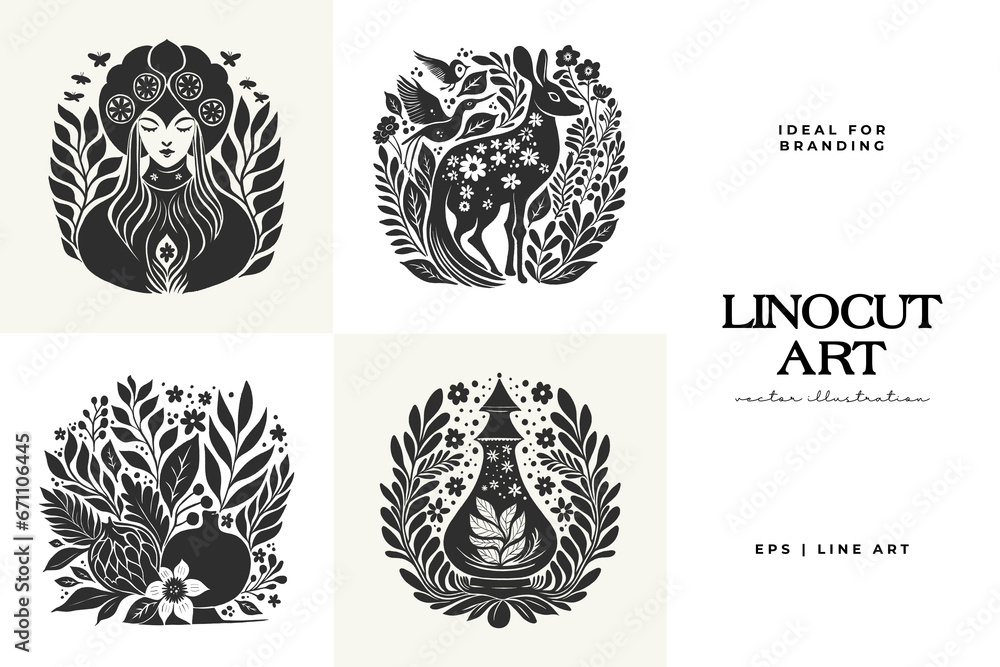 Abstract linocut flowers with magic, girls and mystical in ornate rural folk scandinavian style. Hand drawn Illustration, Linocut Blockprint. Abstract linocut flowers with magic, girls and mystical in ornate rural folk scandinavian style. Hand drawn Illustration, Linocut Blockprint.