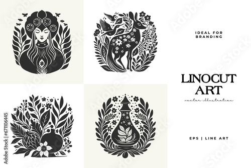 Abstract linocut flowers with magic, girls and mystical in ornate rural folk scandinavian style. Hand drawn Illustration, Linocut Blockprint.