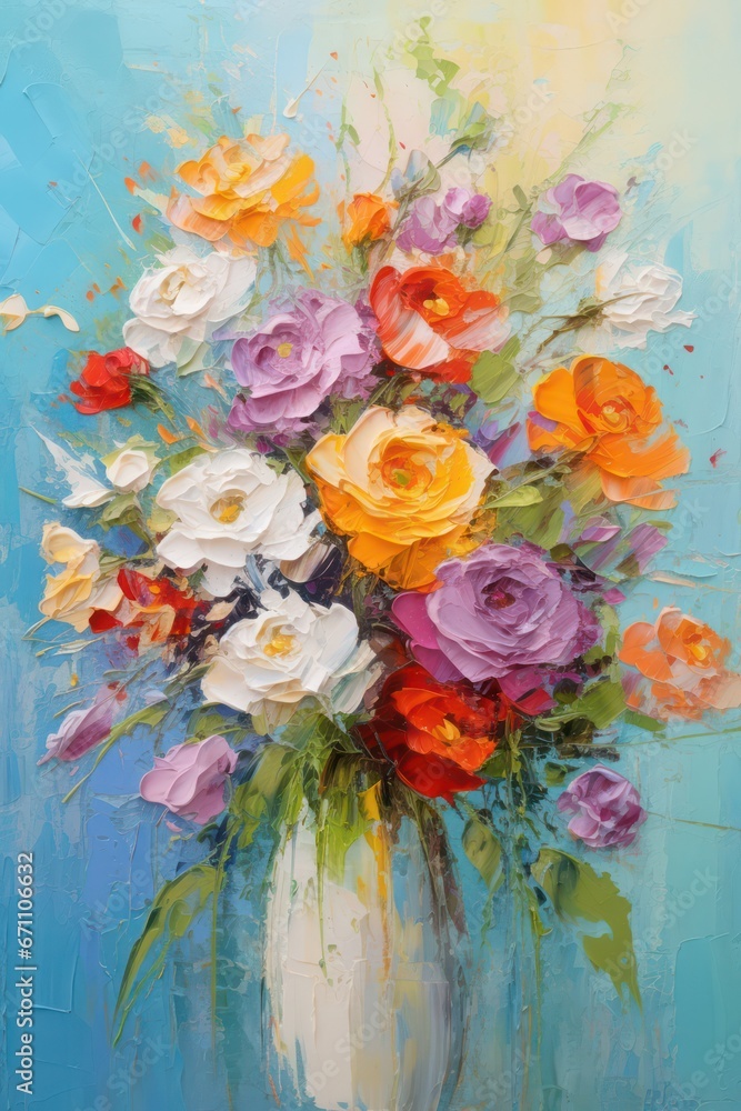 Knife painting of a vibrant and textured bouquet of flowers, perfect for wall decor, banners, and Valentine's Day gifts. Knife painting of a vibrant and textured bouquet of flowers, perfect for wall decor, banners, and Valentine's Day gifts.