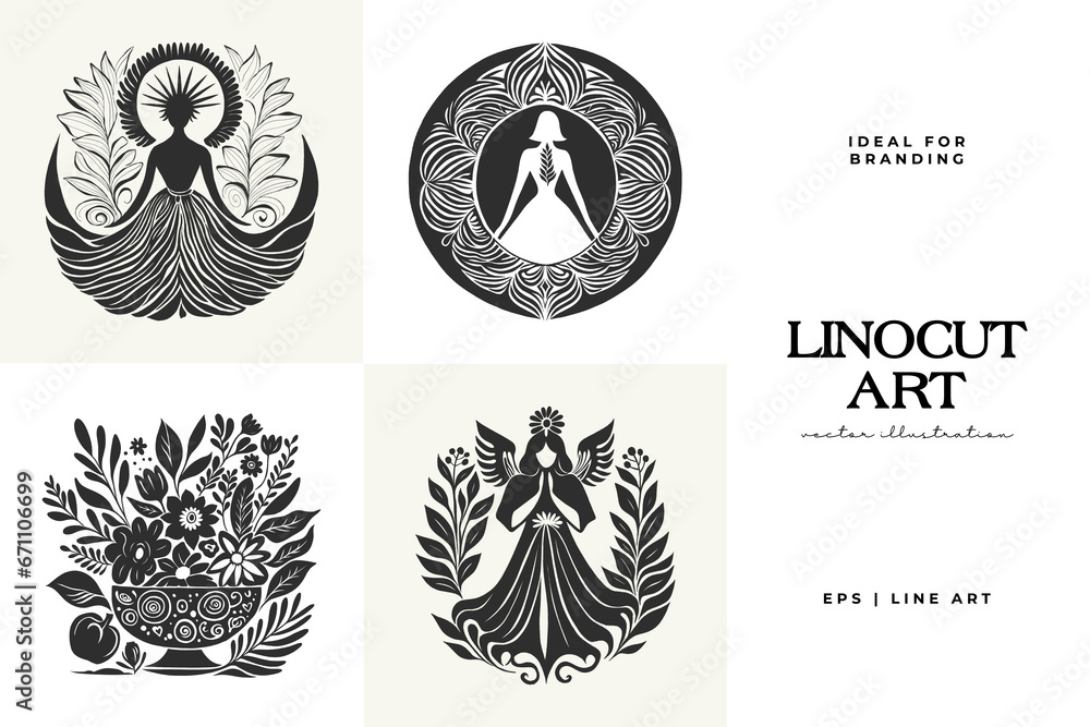 Fototapeta premium Abstract linocut flowers with magic, girls and mystical in ornate rural folk scandinavian style. Hand drawn Illustration, Linocut Blockprint.