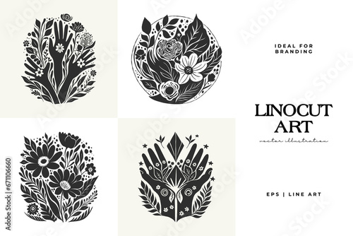 Abstract linocut flowers with magic, girls and mystical in ornate rural folk scandinavian style. Hand drawn Illustration, Linocut Blockprint.