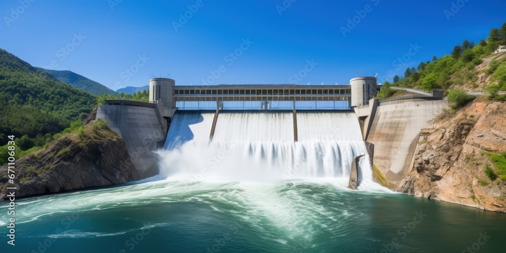 Big hydroelectric power station on the river. Environmentally friendly electricity production. Stable energy source. Green energy.