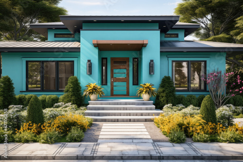 Contemporary Cottage style Home with a Turquoise Entrance Door and a front garden, high view © Kien