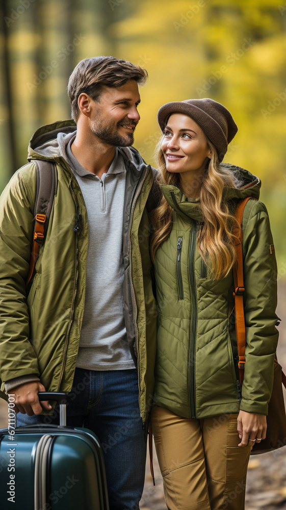A couple pushing a suitcase by a car. Travel planning with consideration for objectives and traffic conditions. A couple pushing a suitcase by a car. Travel planning with consideration for objectives and traffic conditions.