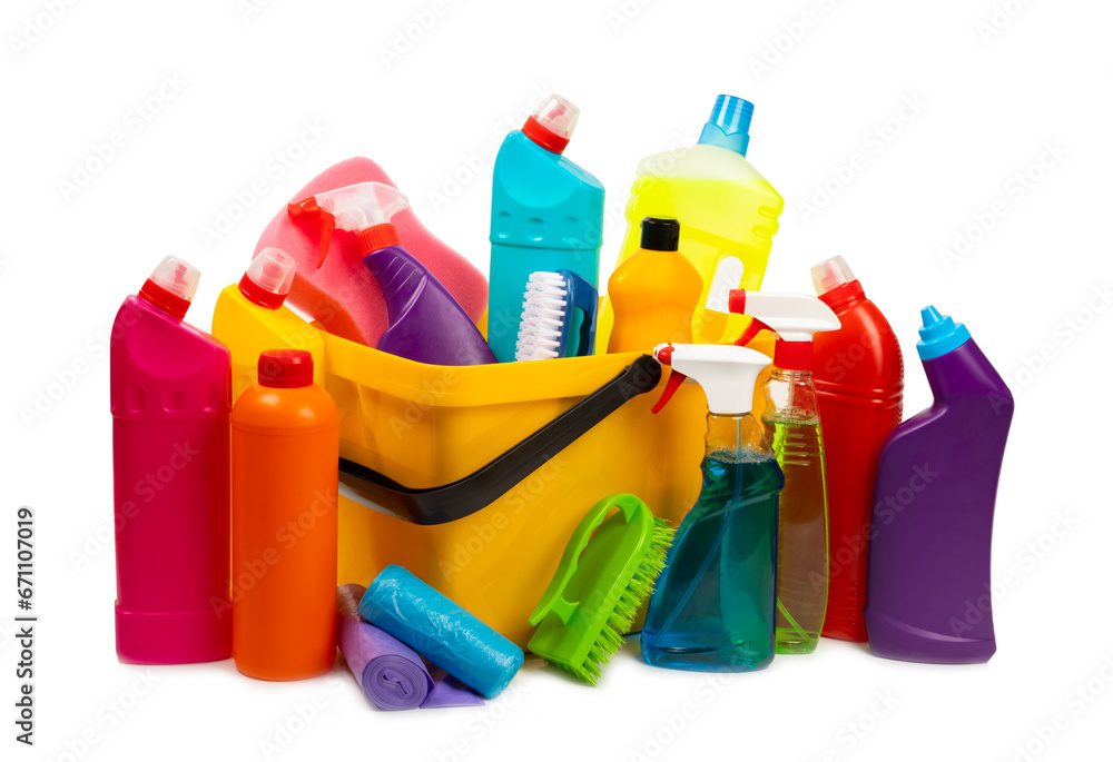 Cleaning supplies isolated on white background. Bottles with various detergents.Cleaning agent for windows, floor,toilets and plumbing fixtures.Cleaning of home and offices Cleaning supplies isolated on white background. Bottles with various detergents.Cleaning agent for windows, floor,toilets and plumbing fixtures.Cleaning of home and offices