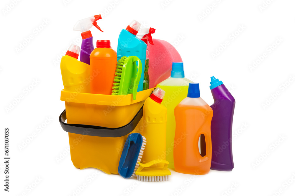 Cleaning supplies isolated on white background. Bottles with various detergents.Cleaning agent for windows, floor,toilets and plumbing fixtures.Cleaning of home and offices Cleaning supplies isolated on white background. Bottles with various detergents.Cleaning agent for windows, floor,toilets and plumbing fixtures.Cleaning of home and offices