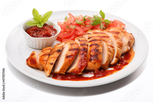 Grilled turkey or chicken fillet with tomato sauce on white background