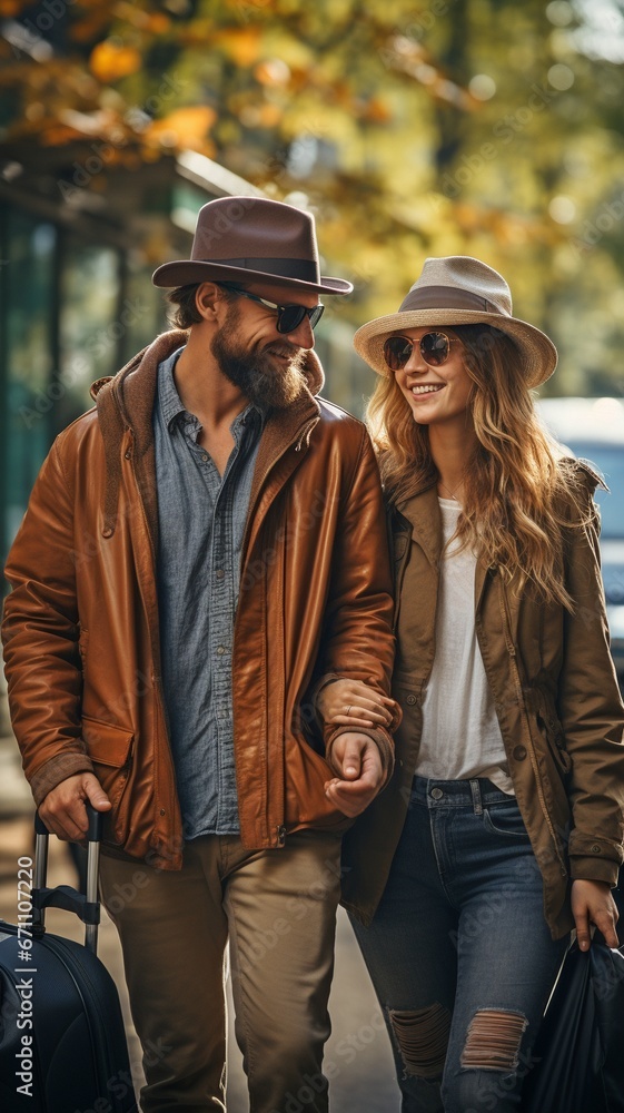 A couple pushing a suitcase by a car. Travel planning with consideration for objectives and traffic conditions. A couple pushing a suitcase by a car. Travel planning with consideration for objectives and traffic conditions.