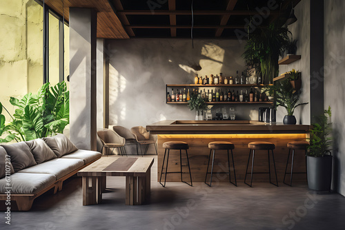 Arrangement of equipment and interior decoration of the coffee shop in the style of rustic concrete