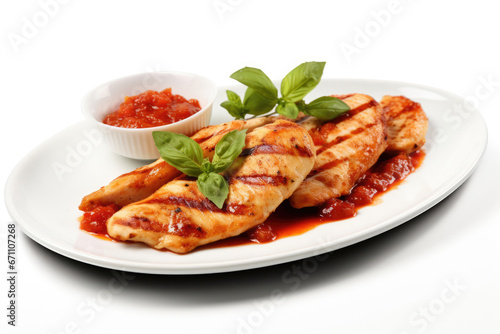 Grilled turkey or chicken fillet with tomato sauce on white background © Venka