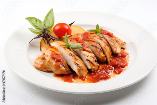 Grilled turkey or chicken fillet with tomato sauce on white background
