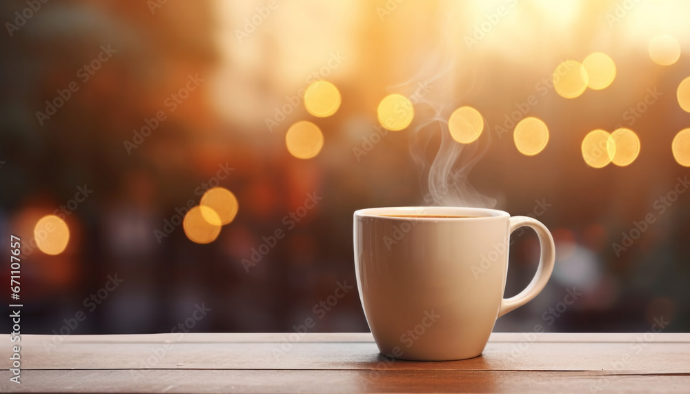 Cup of coffee on wooden table against bokeh background. Mockup for hot beverage. Cup of coffee on wooden table against bokeh background. Mockup for hot beverage.