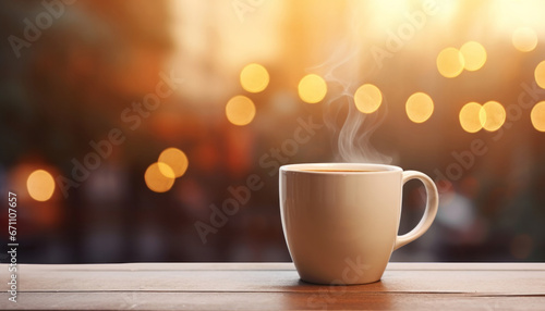 Cup of coffee on wooden table against bokeh background. Mockup for hot beverage.