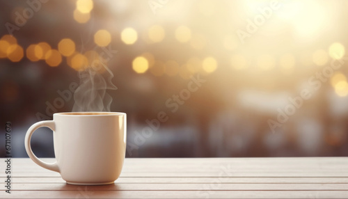White cup on wooden table against evening bokeh background. Mockup for hot beverage.
