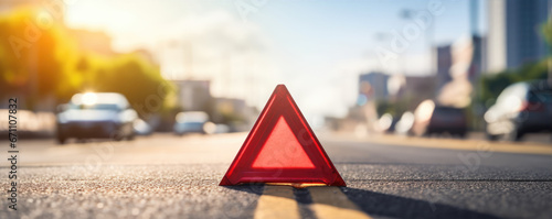 Red emergency safety triangle or stop sign on road. photo