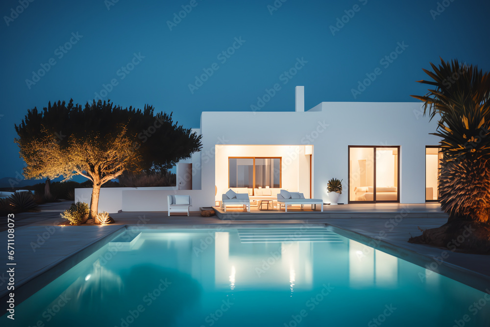 Traditional mediterranean house with swimming pool summer vacation, night time